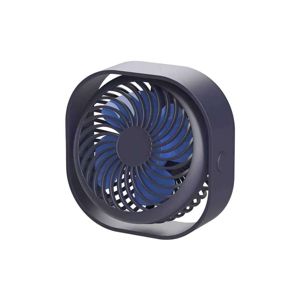 USB-powered alarm clock fan in blue with 360-degree rotating head on a desk.