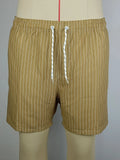 Man wearing navy blue and white striped straight-leg polyester beach shorts on shore.
