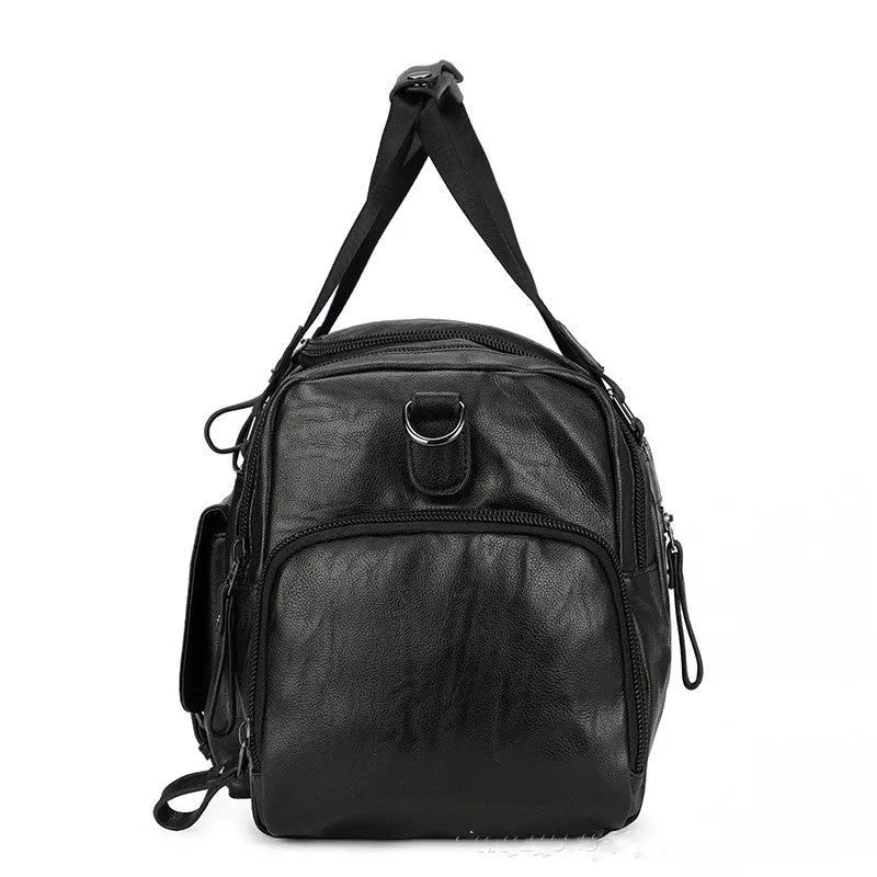Large black PU travel bag with a separate shoe compartment, shown with dimensions 52cm by 19cm by 27cm.
