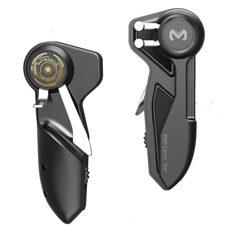 Black six-finger mobile game controller with adjustable triggers for iPad and smartphone tablets