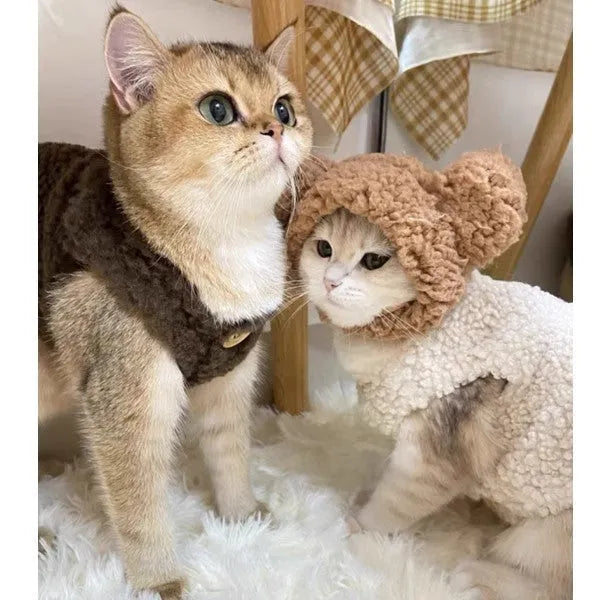 Apricot or brown polar fleece cat vest showing lambswool-style texture and vest design