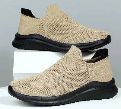 Women's woven mesh low-top casual sneakers in khaki with flat heel and round toe