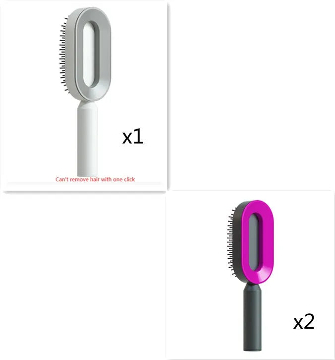 Self-cleaning air cushion hair brush in white, black gold, or black purple with ergonomic handle