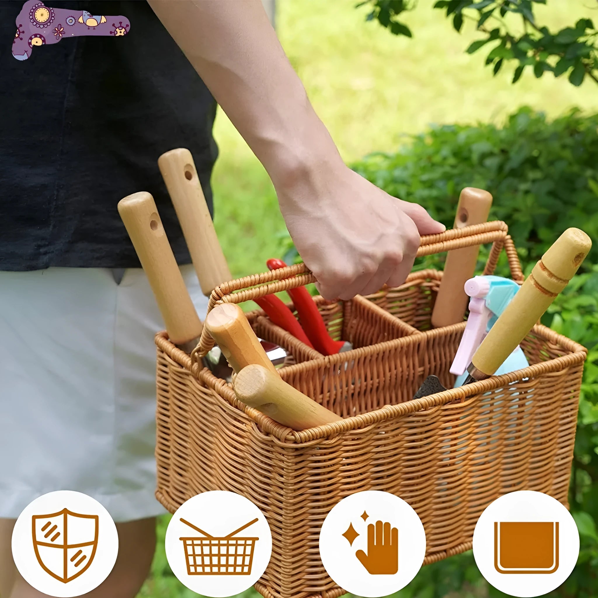 Gardening tools set with wooden handles and stainless steel hoe and shovel on rustic background
