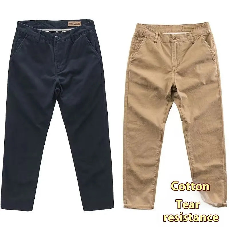 Men's slim fit straight-leg casual pants in a gray cotton blend fabric with an elasticated waistband.