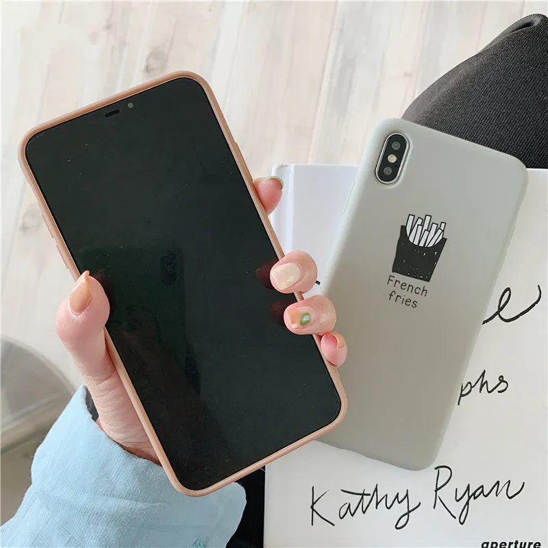Soft matte silicone iPhone case showing ice coffee and french fries couple-themed designs.