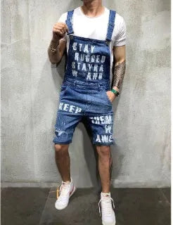 Men's ripped denim jumpsuit with braces straps in black or dark blue, sizes S to XXL