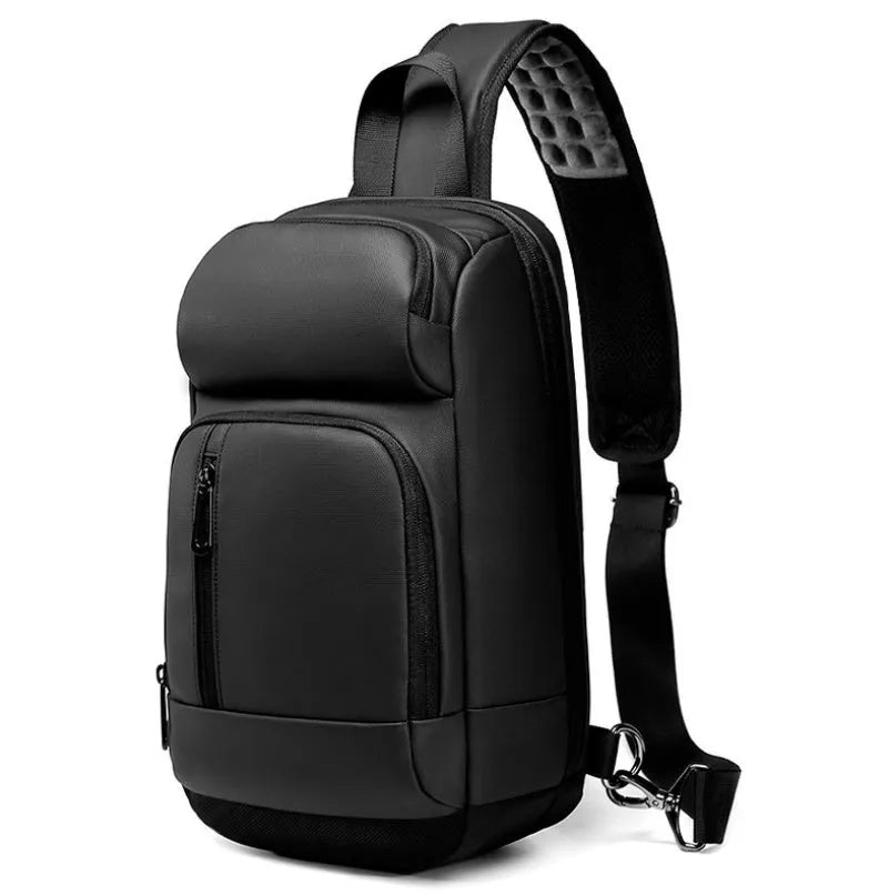 Black PVC outdoor shoulder bag with adjustable strap and internal laptop compartment