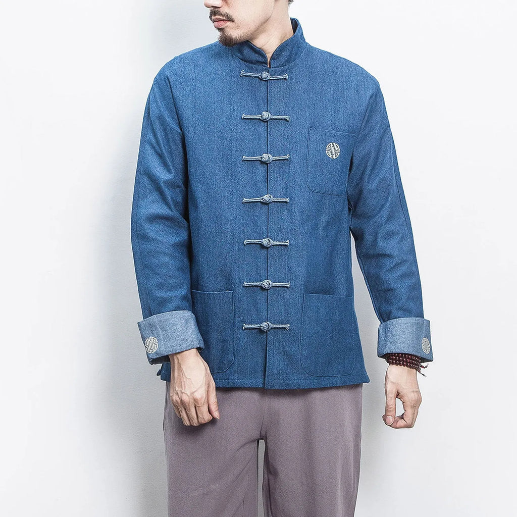 Retro Chinese style hanfu denim jacket top with stand collar and buckle decoration in black, loose fit, long sleeves