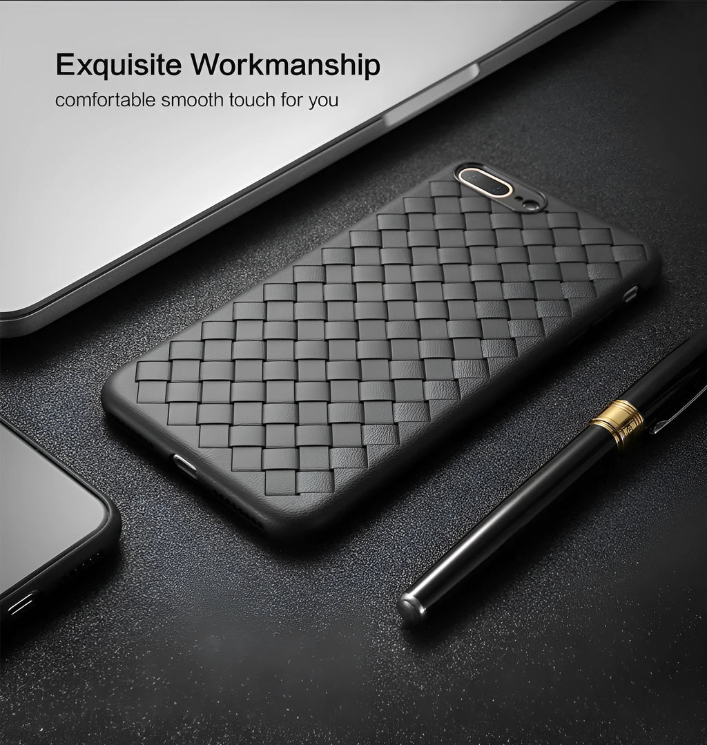 Luxury grid weaving pattern iPhone case in various colours showing raised screen lip and precise button cutouts.