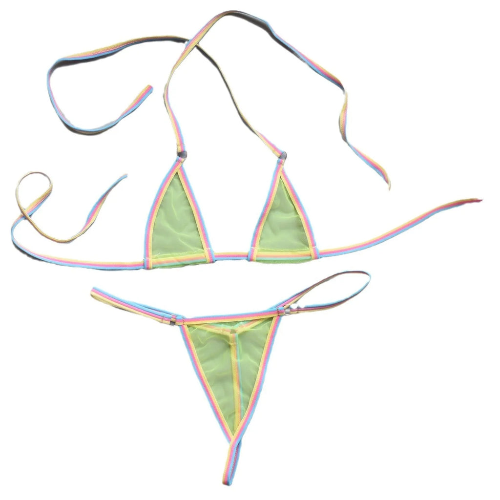 Simple super mini bikini set with T-back design in six colours, polyester fabric, three-point style