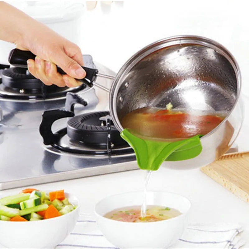 Green silicone kitchen funnel tool for circular pots with clamp design to prevent spills