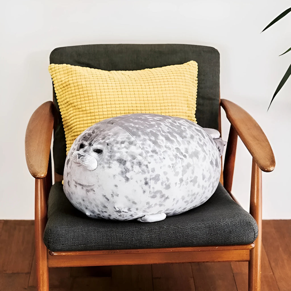 Plush seal cushion in grey, soft stretch velvet fabric, PP cotton filling, lifelike design