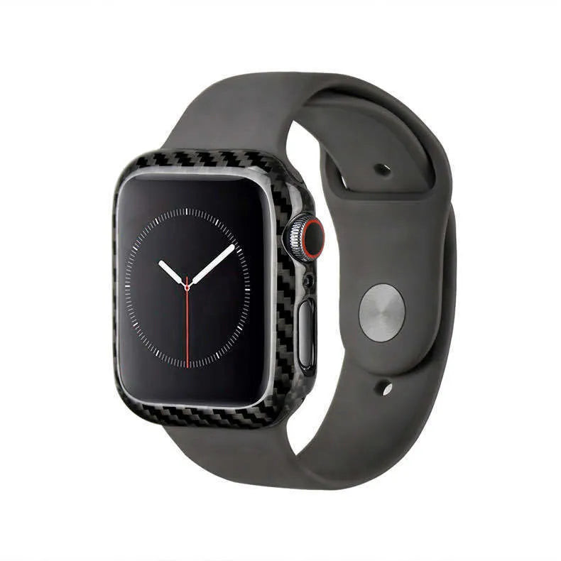 Apple Watch 4 carbon fibre half wrap leather case in 44mm size showing bright black and matt black colour options