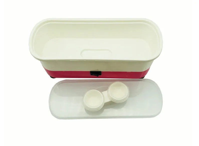 Analog ultrasonic cleaner in blue plastic casing with battery compartment and suction cups for cleaning glasses and contact lenses
