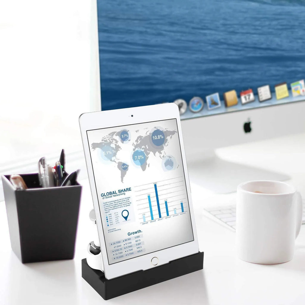 Black eight-port wireless charging station with USB hub and 150cm power cord