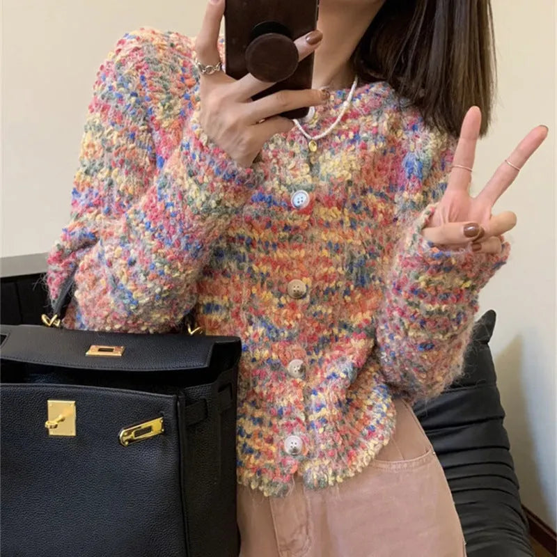 Pink and green rainbow pattern knitted cardigan sweater in retro gentle idle style