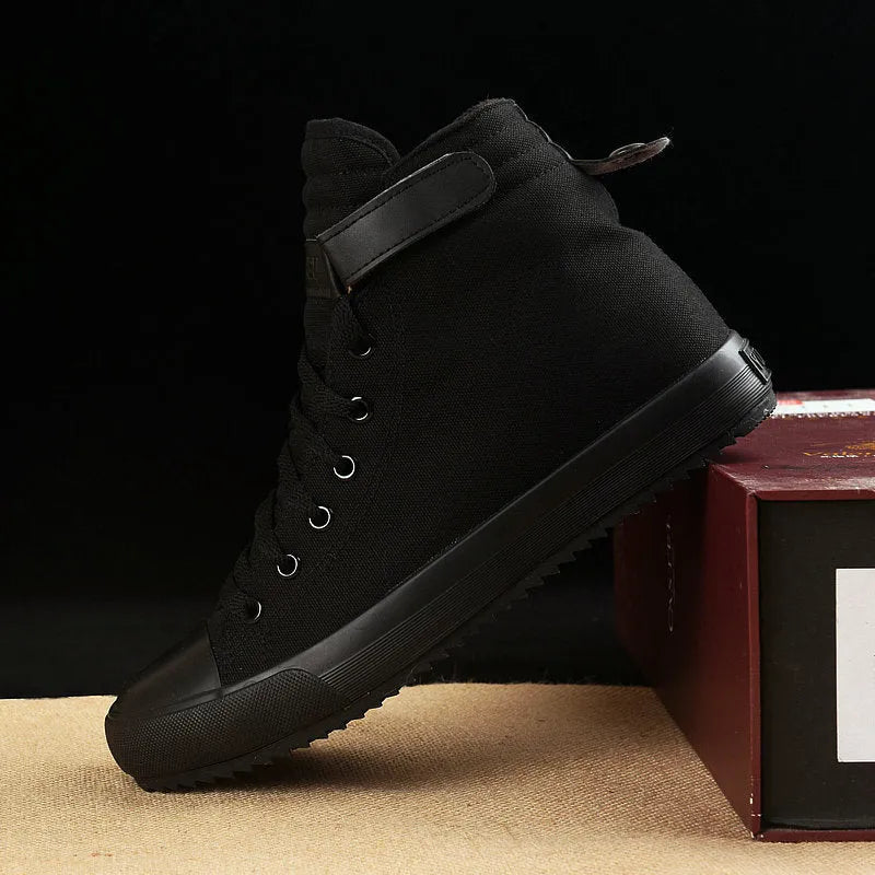 Velcro student canvas shoes high top round toe flat heel in black and white