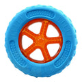 Set of three floating TPR dog toys: a red squeaky ball, a blue squeaky barbell, and an orange squeaky tire on a blue background.