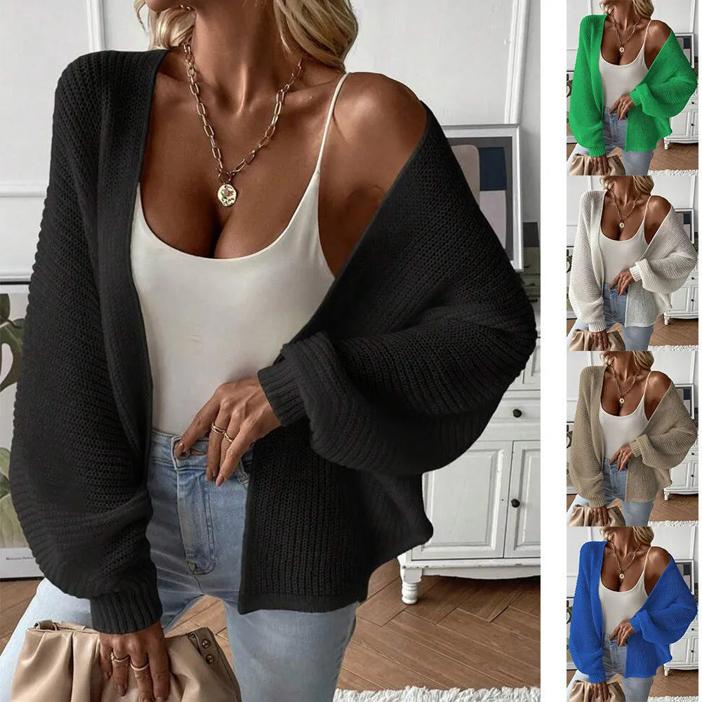 Women's batwing sleeve loose fit cardigan in solid colours: black, white, green, khaki, blue.