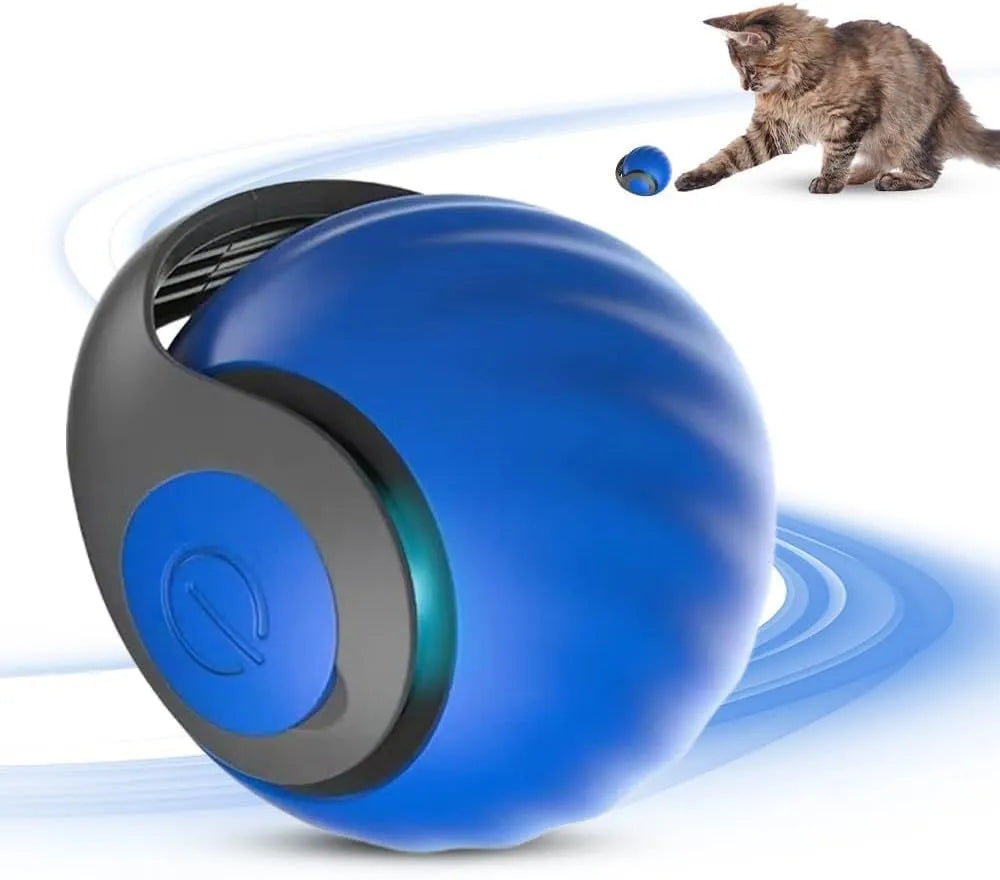 Blue and red rechargeable self-moving interactive ball toy for indoor cats and dogs on a plain background.