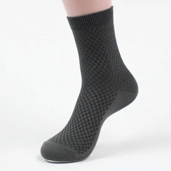 Men's bamboo fibre socks with small square pattern in five colour options.