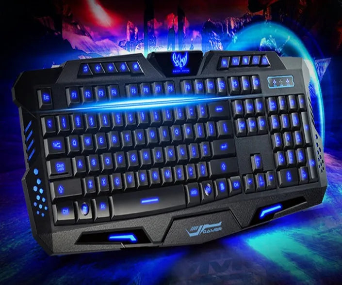 M200 Mechanical Warframe black keyboard with tri-colour red blue purple backlight and 1.5m cable