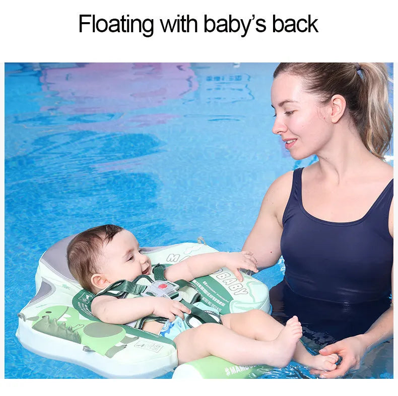 Avocado green inflatable baby swimming ring with dinosaur pattern and sun shade for children 3-24 months