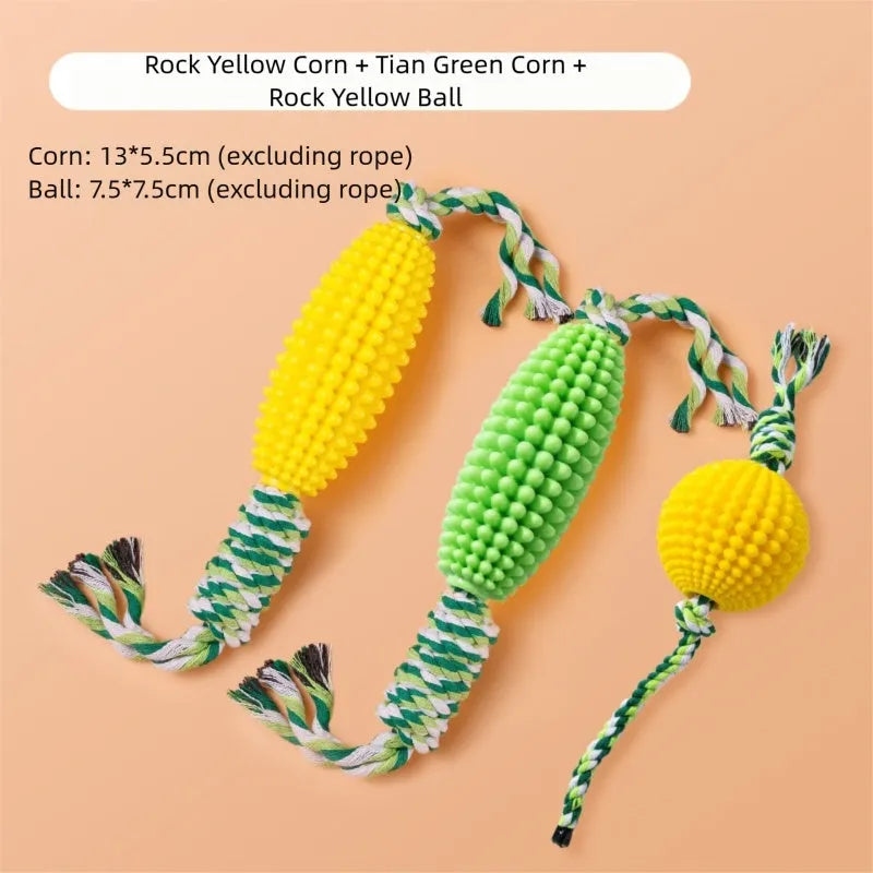 Pet Toy Corn Ball Knot Teething Toys set with two corn-shaped toys in yellow and green and one yellow ball on a white background