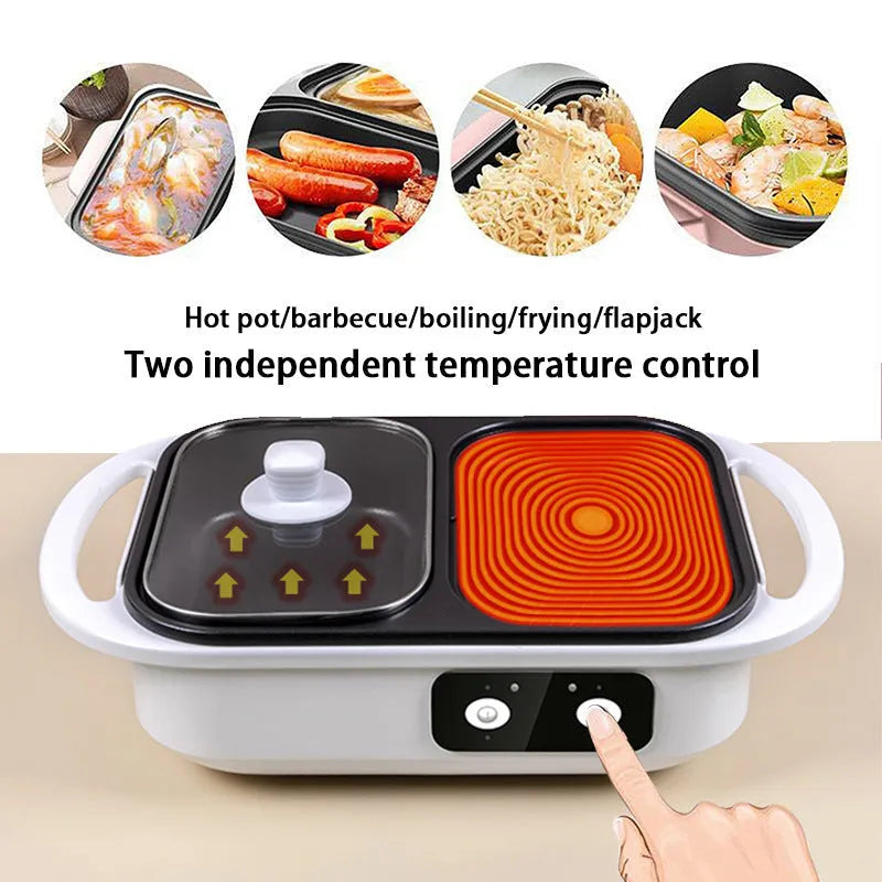 White and green household electric hot pot with dual-use caldron and frying oven function