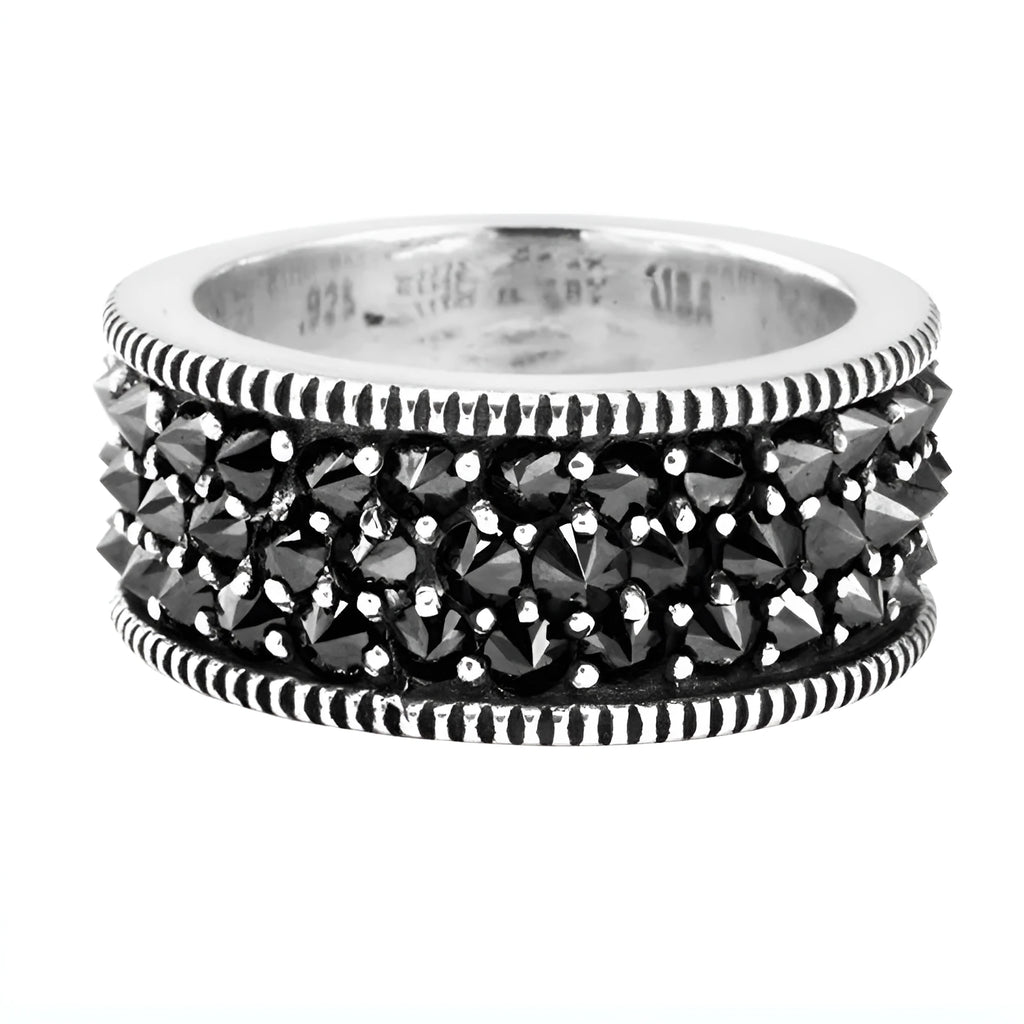 Unisex alloy geometric ring with black zirconia inlay and starry sky design on metal surface