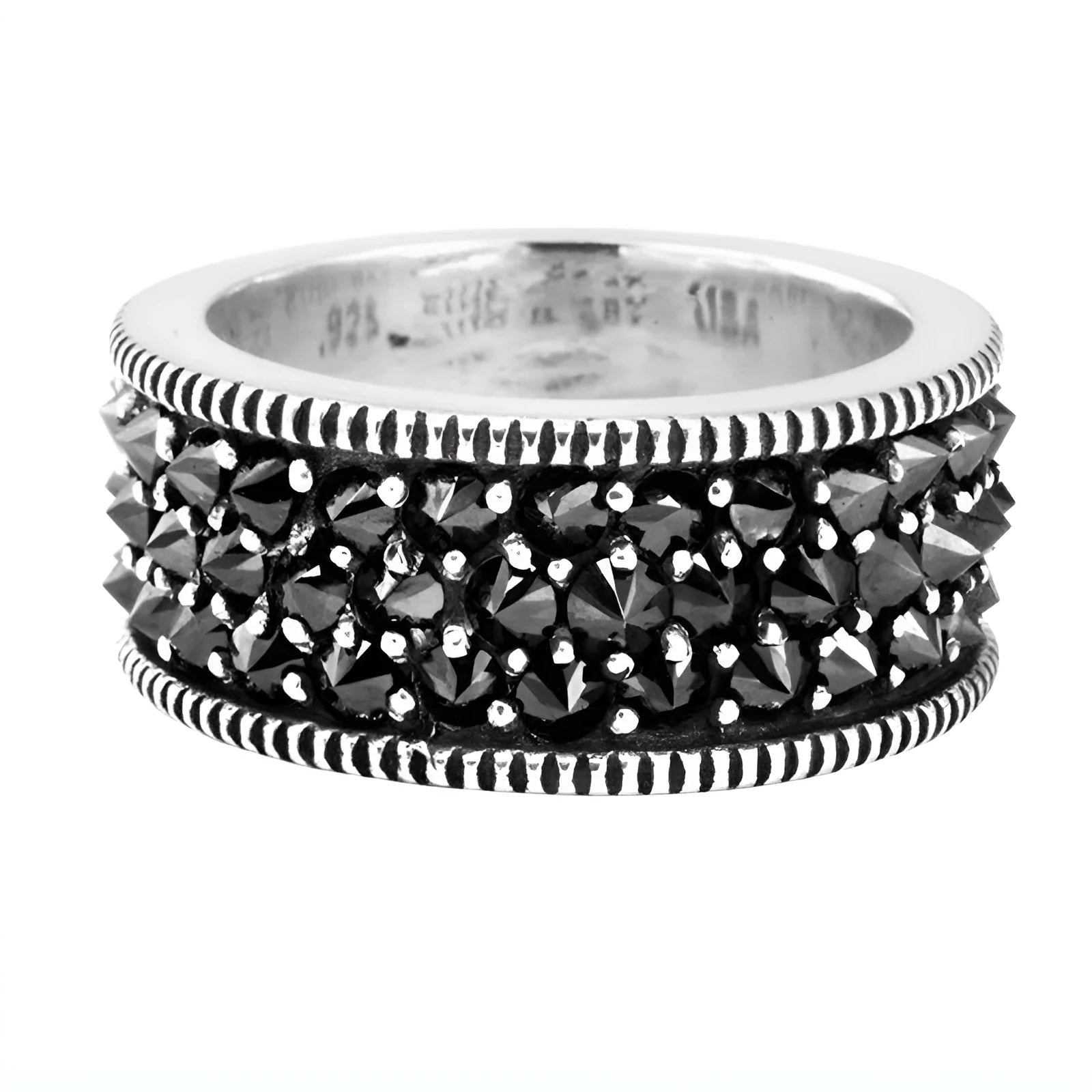 Unisex alloy geometric ring with black zirconia inlay and starry sky design on metal surface