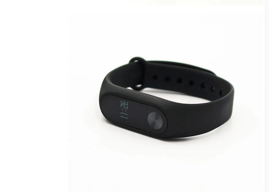 Xiaomi Mi Band 2 black fitness tracker with OLED display on adjustable wrist strap