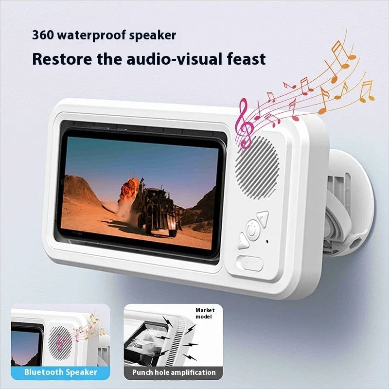White bathroom waterproof mobile phone box bracket with charging cable mounted on tiled wall