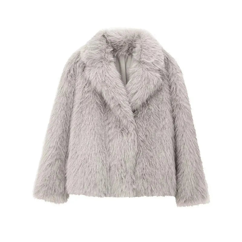 Women's faux fur jacket with lapel collar, long sleeves, solid colour, 50cm length, sizes XS to L