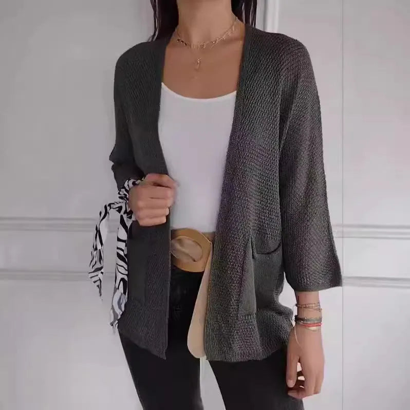 Women's waffle knit cardigan coat with nine-quarter sleeves in army green colour with side pockets