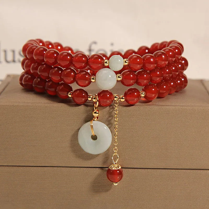 Women's red agate crystal bracelet with multi-layer beads and elastic adjustable band