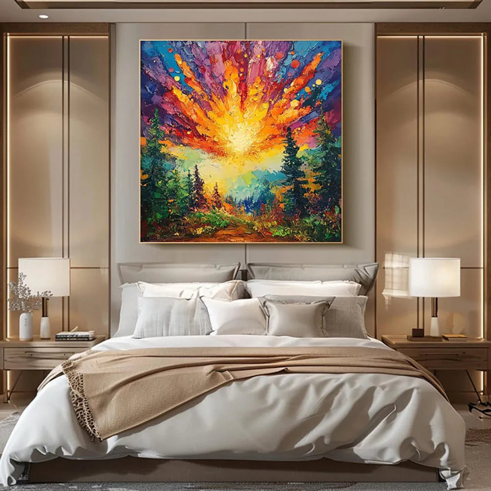 Hand-painted oil painting of sun rising in deep forest with brilliant light, modern landscape canvas art for home decoration