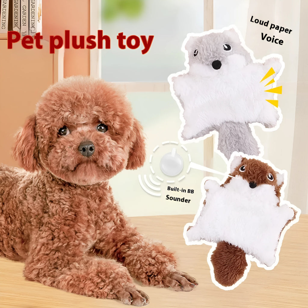 Plush flying squirrel cat teaser toy with ringing paper sound in brown and grey colours