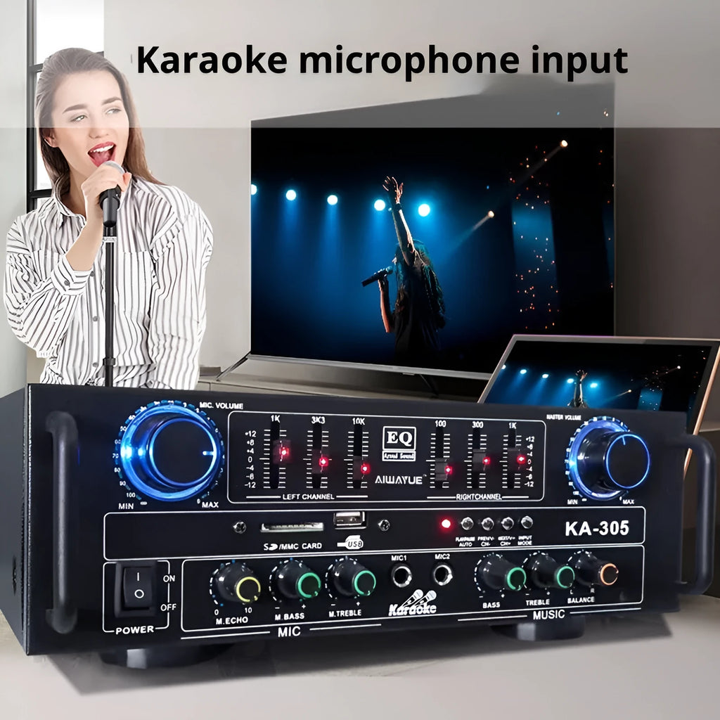 KA-305 black household power amplifier with Bluetooth and EQ equaliser, front panel controls and ventilation grille