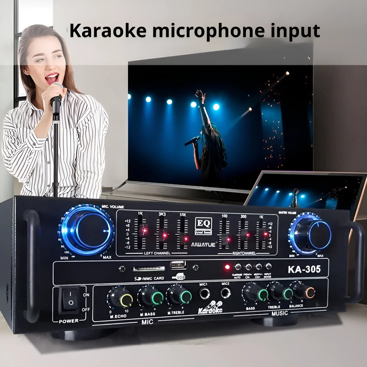 KA-305 black household power amplifier with Bluetooth and EQ equaliser, front panel controls and ventilation grille