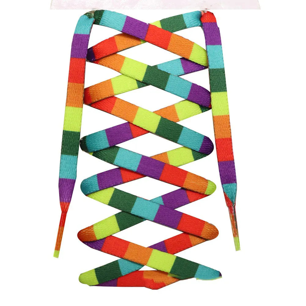 Rainbow oblate shoelace with colour print gradient, 0.8cm width, square rainbow colour, thick woven texture