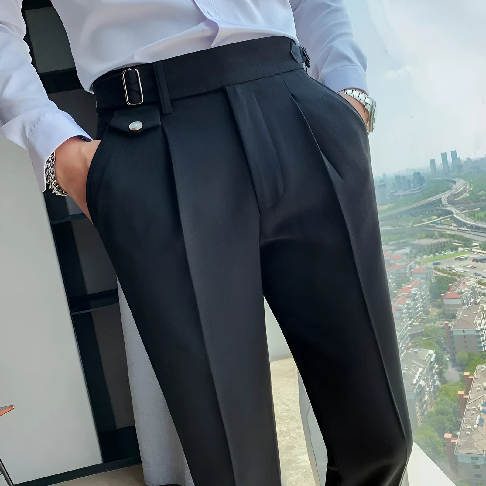 Men's straight-leg casual trousers in solid colours with waist size label