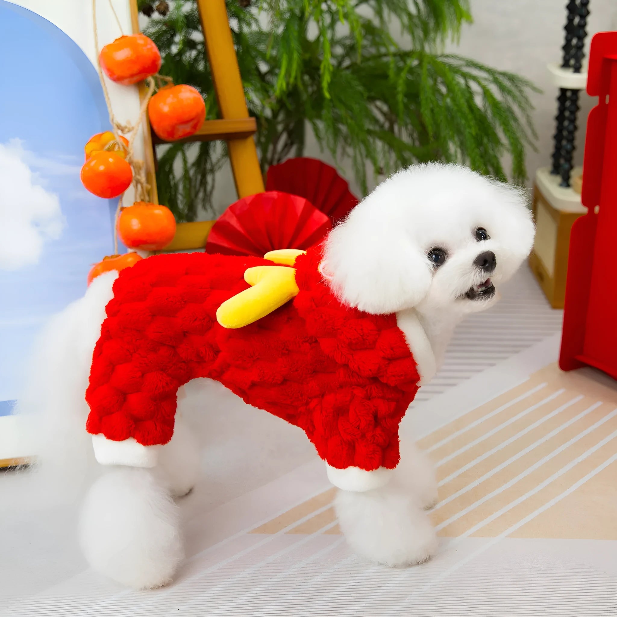 Red cartoon dragon pet jacket with double-sided velvet texture for dogs and cats