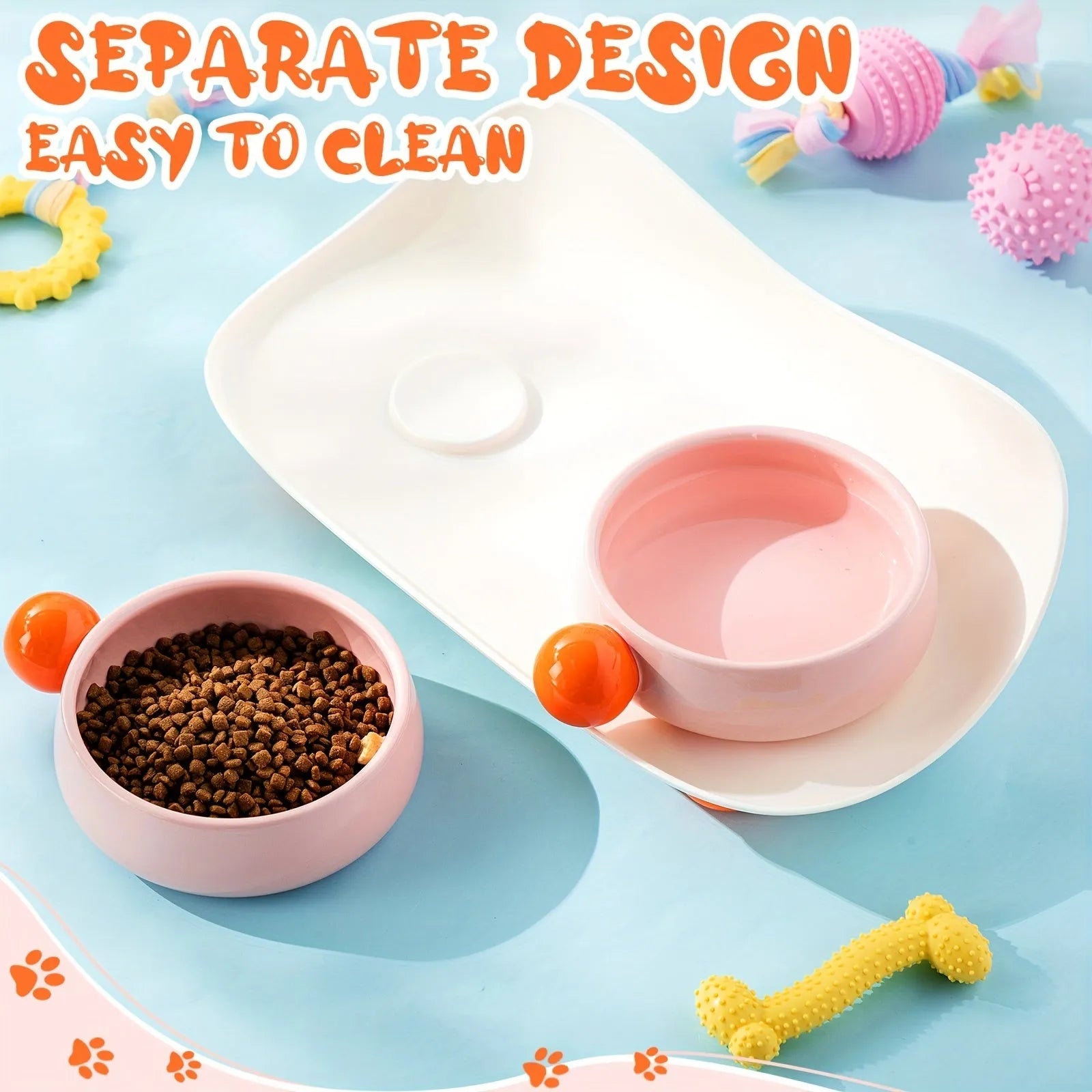 Raised ceramic pet feeding bowl set with two bowls in pink yellow colour on a non-slip base.
