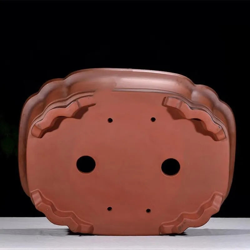 Antique finished rectangular purple clay flowerpot with detailed tree stump and floral relief carving.