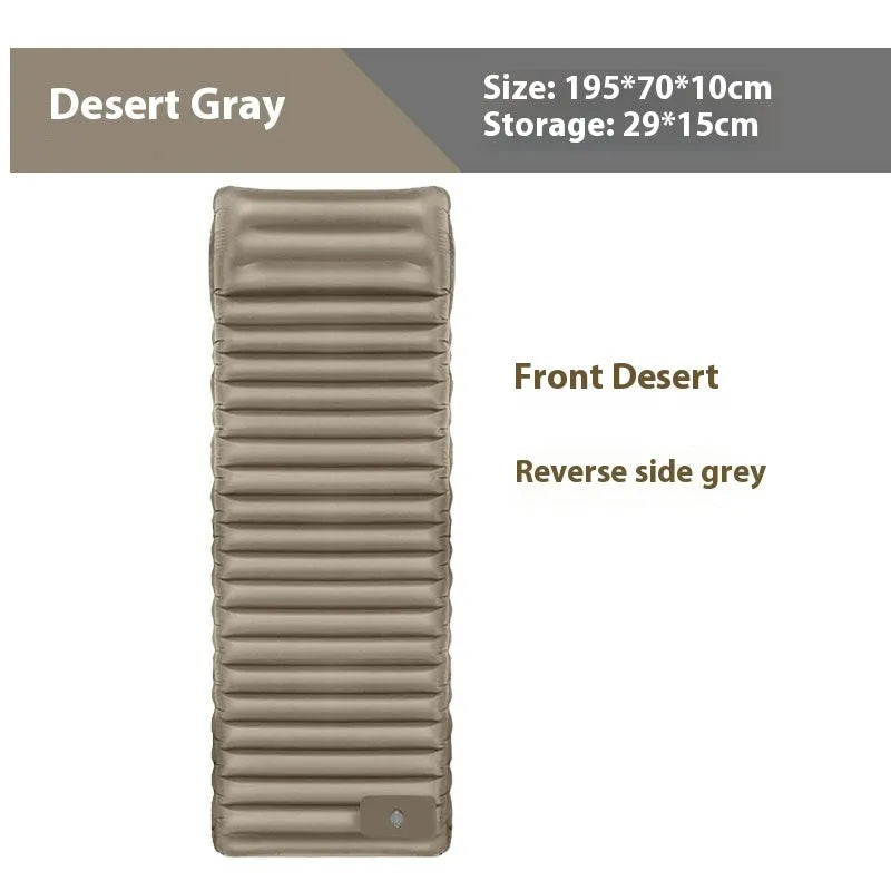 Single inflatable camping air mattress in grey, shown rolled and expanded, with integrated valve.