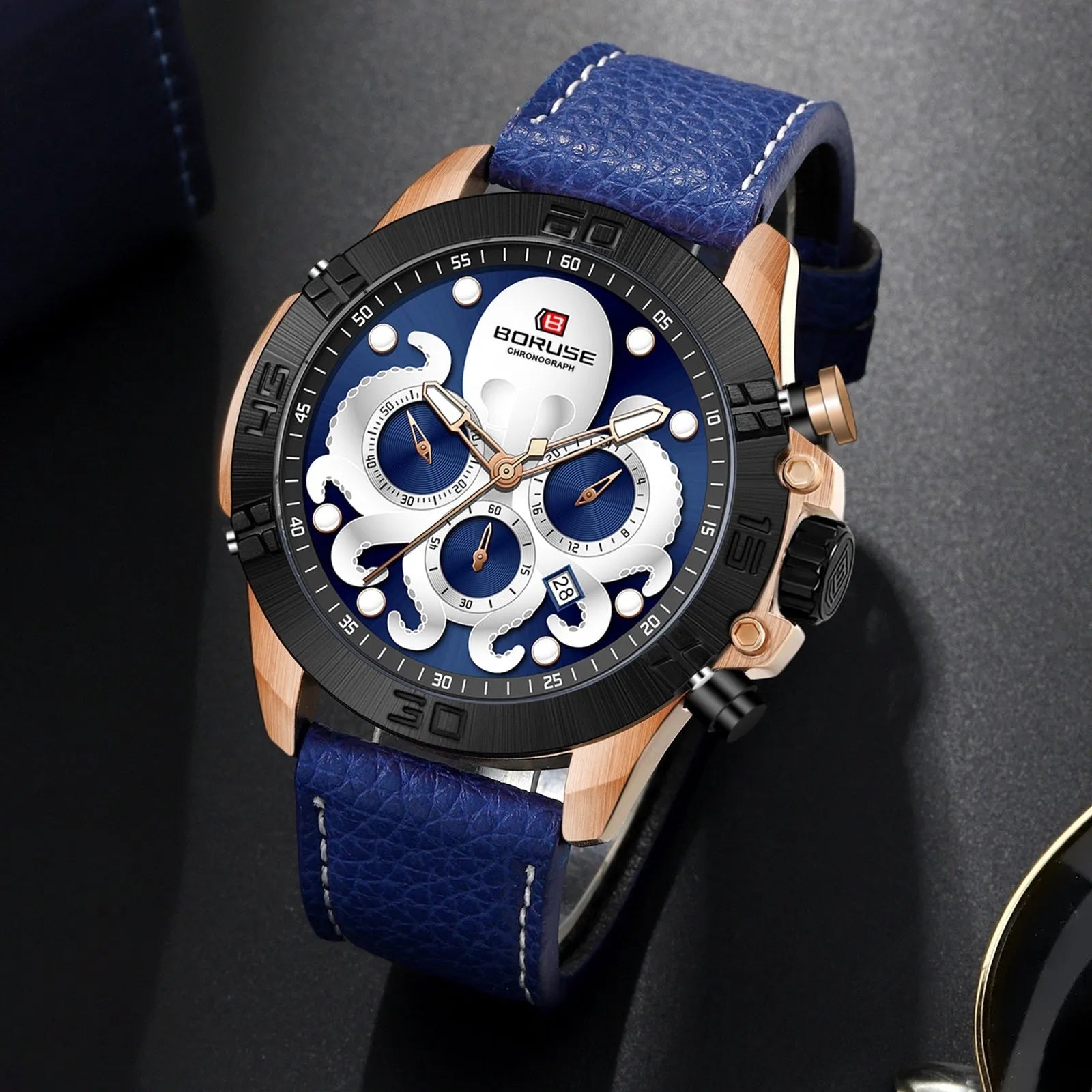 Men's octopus design waterproof luminous quartz watch on wrist in black or blue.