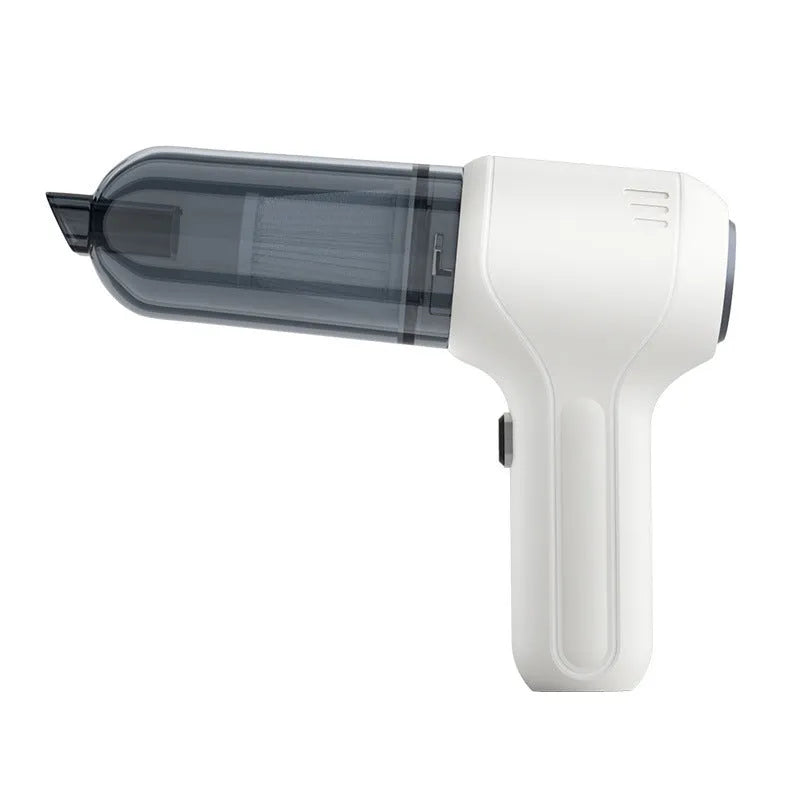 Black cordless car vacuum cleaner with multiple nozzle attachments on a car seat.