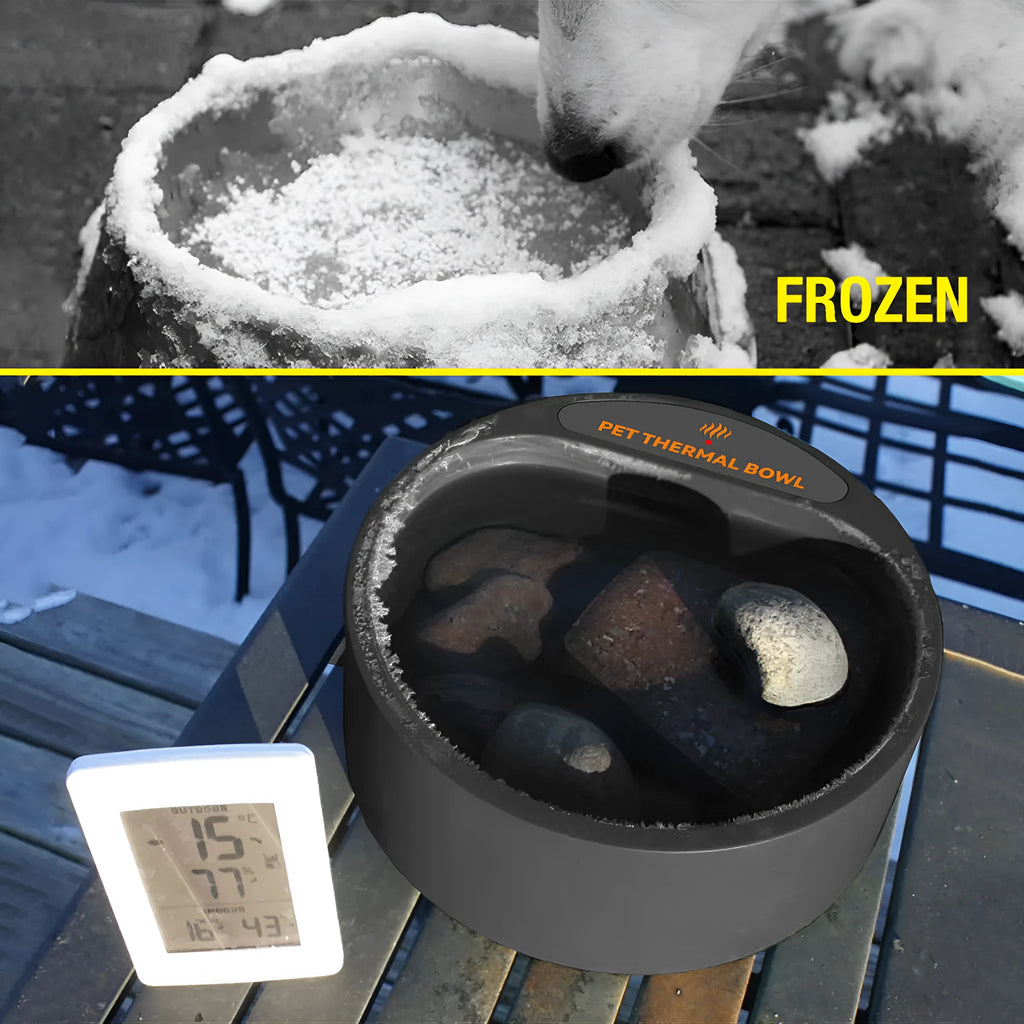 Black ABS plastic pet heating bowl with 2.2L capacity and electric warming base.